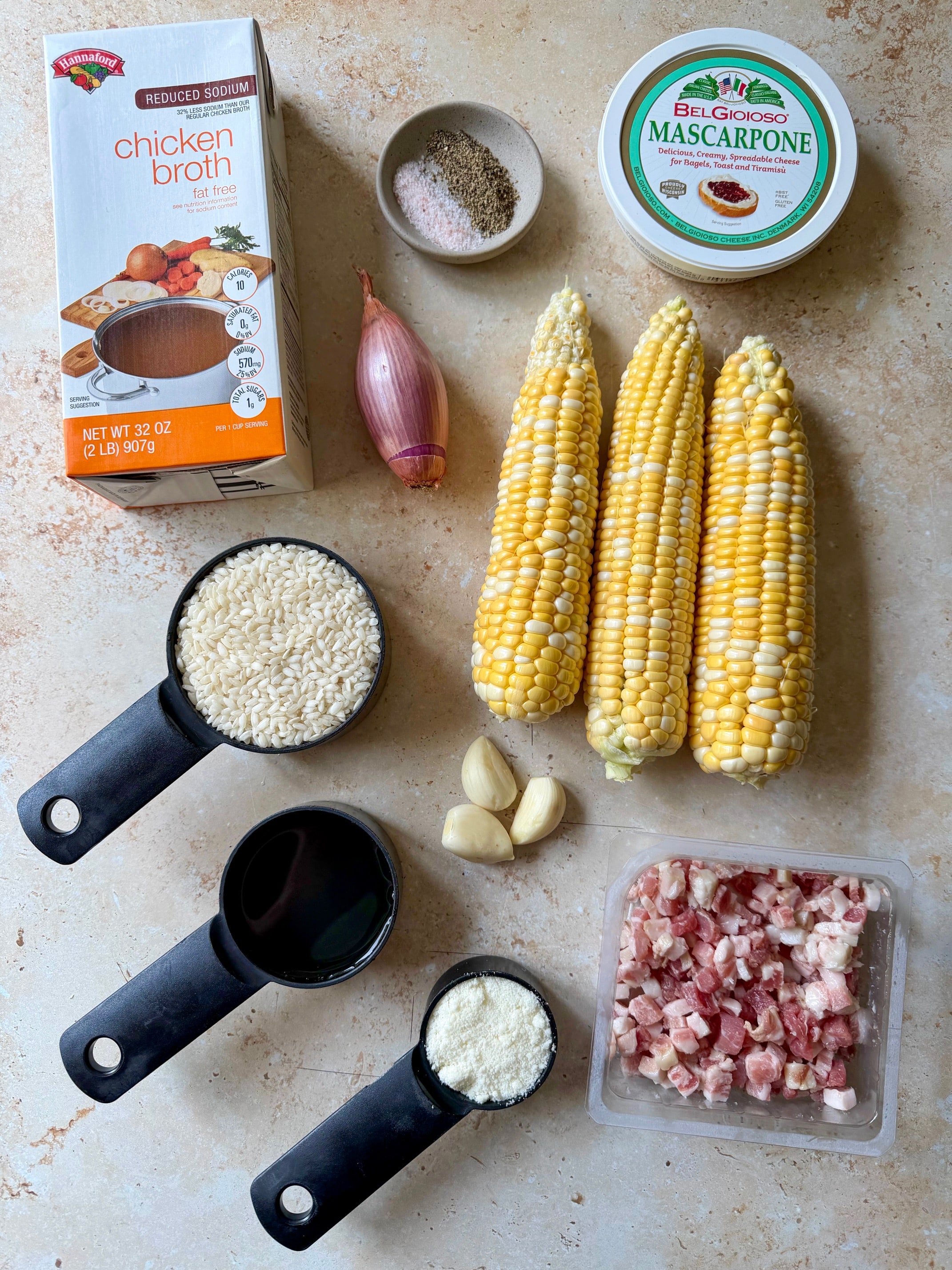 The ingredients needed to make this corn risotto.