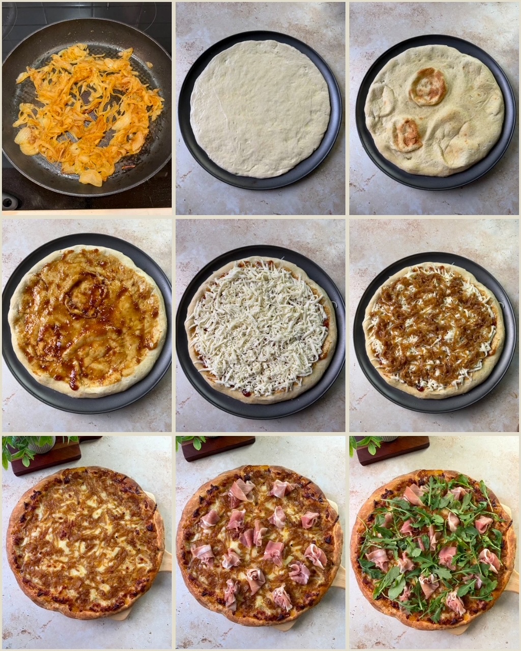 A collage of nine photos showing the process of caramelizing the onions, stretching and par-baking the dough and assembling the pizza.