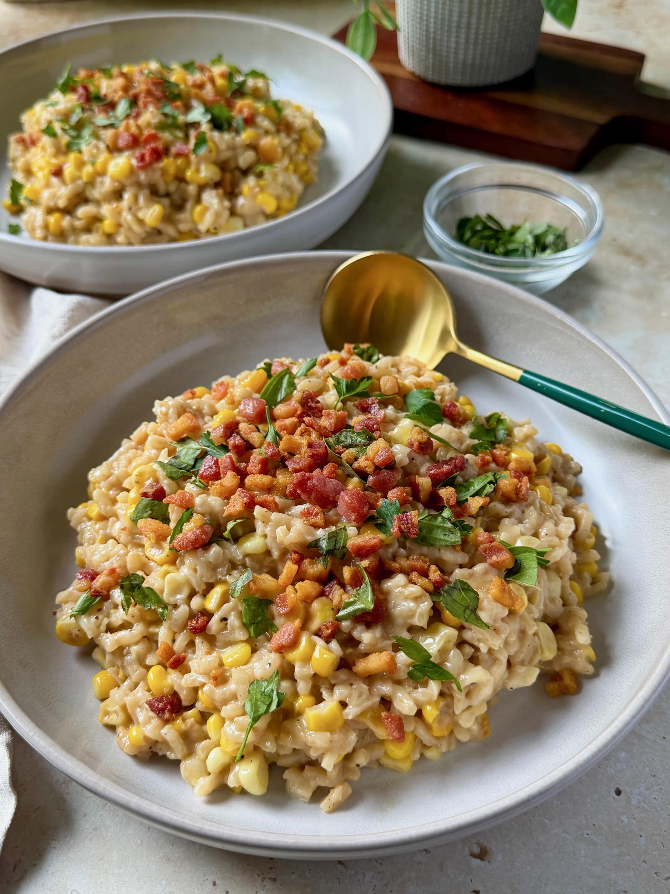 A close up of a bowl of sweet corn risotto.