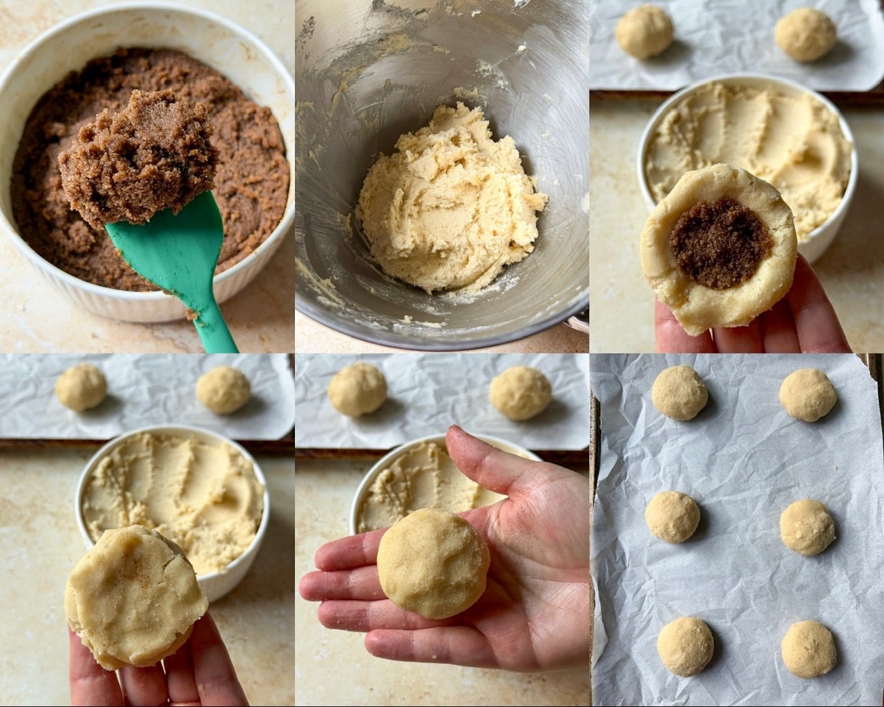 A collage of six photos dipicting the filling, the cookie dough, adding the filling to a disc of cookie dough, covering with another piece of cookie dough, rolling into a flatten ball and placing on a baking sheet.