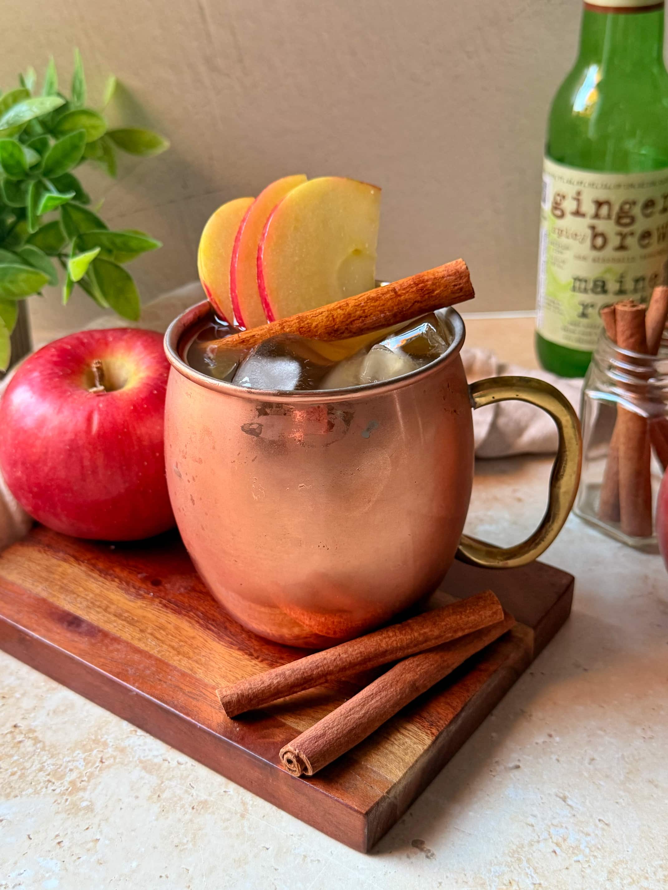 Apple cider bourbon mule garnished with apple and cinnamon stick.
