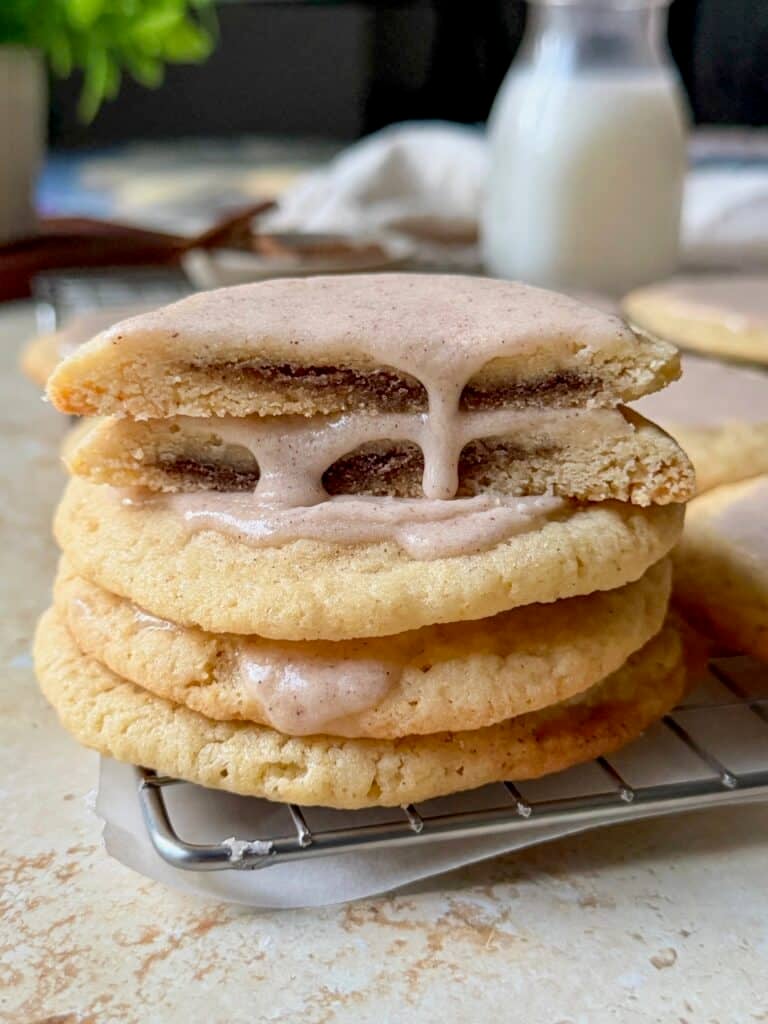 A close up of the cross section of a brown sugar cinnamon pop tart cookie.