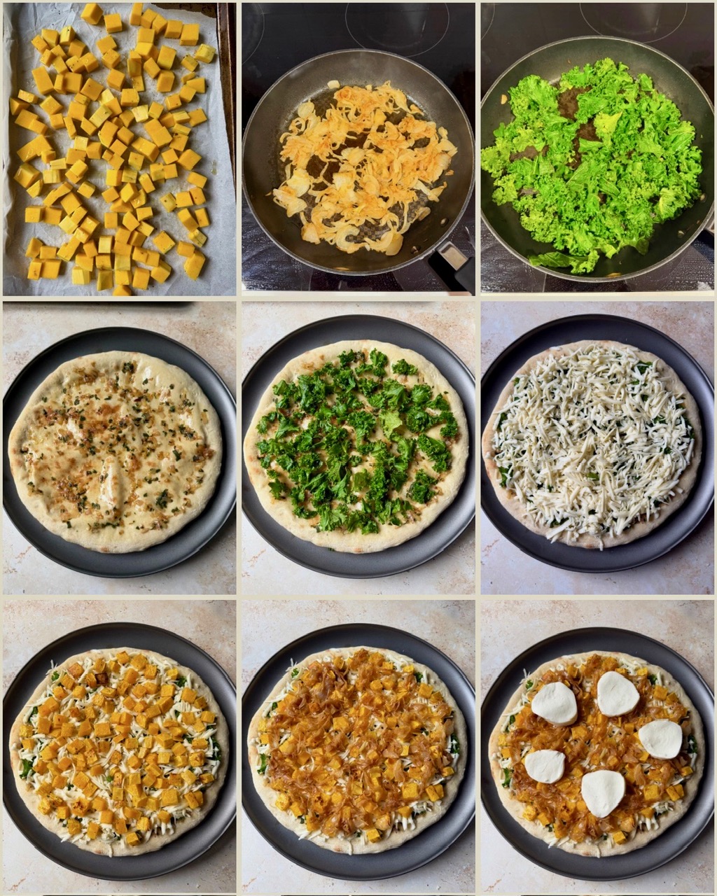 A 9 photo collage of the steps for roasting the squash, caramelizing the onions, sautéing the kale and then assembling the pizza.