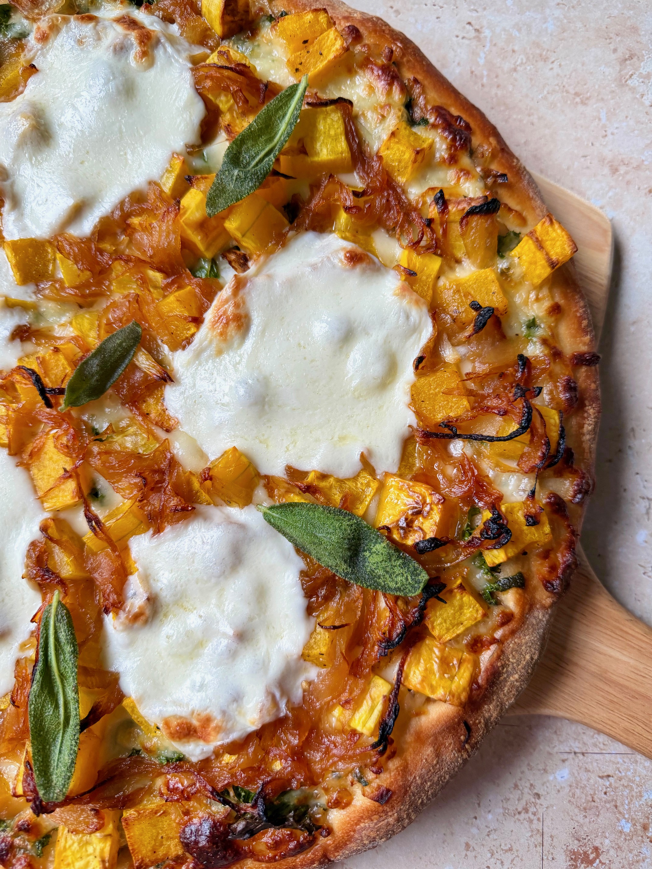 A close up of the butternut squash pizza to show the texture.