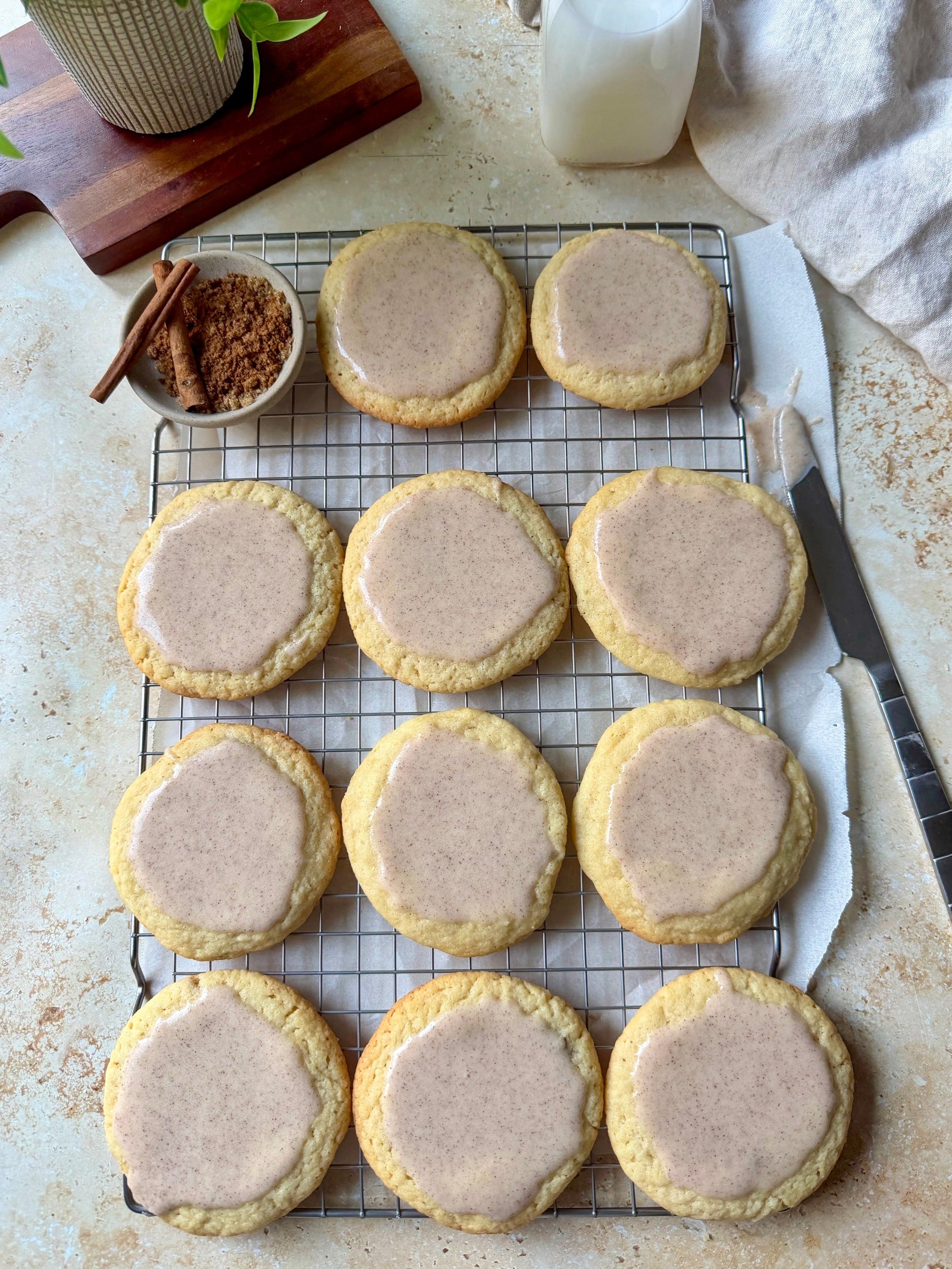 An overhead shot of a cooling rack full of brown sugar cinnamon pop tart cookies.